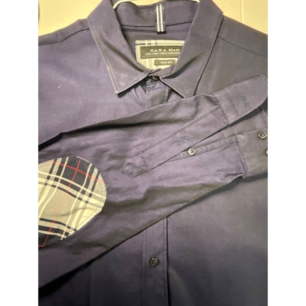 Zara Man Slim Fit Navy Blue Large Shirt With Plaid Elbow Patches